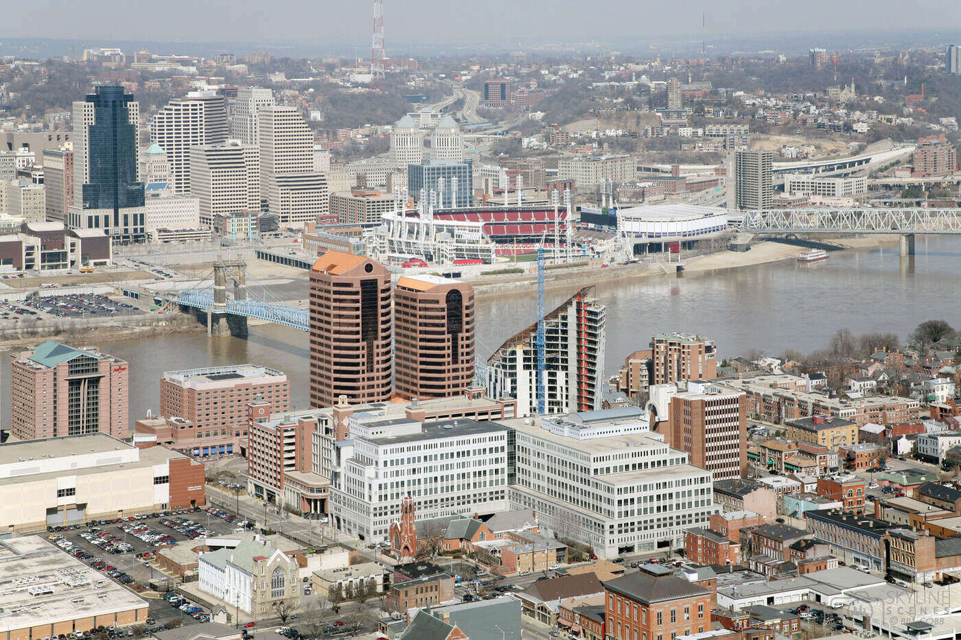 Cincinnati downtown skyline and the Ohio River seen from across the water.