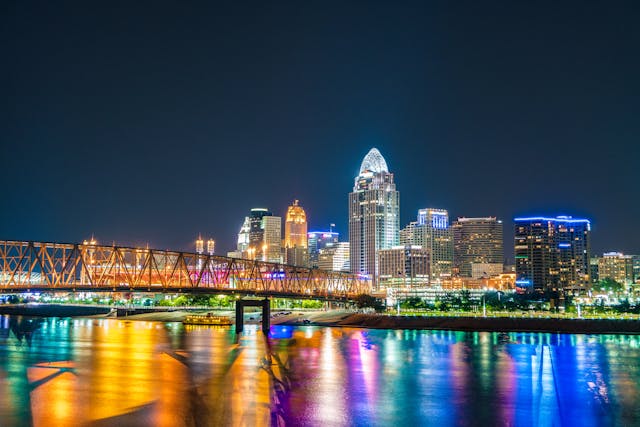 bright lights during the night overlooking Cincinnati