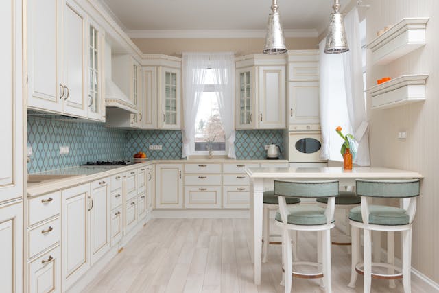kitchen with white and blue finish