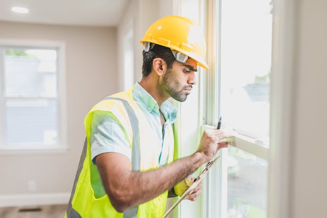 a home inspector looking at a window's lock