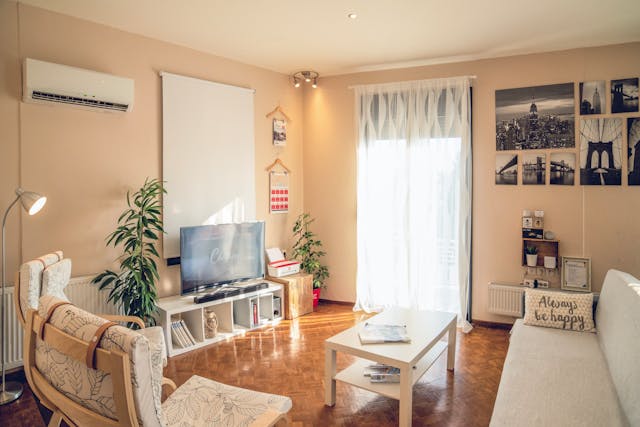 a small living room with hardwood flooring and central air